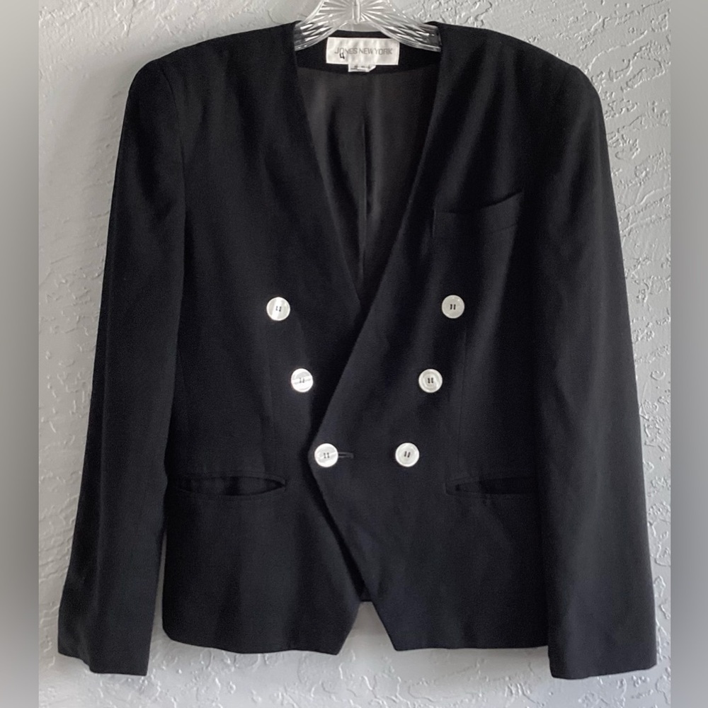 VINTAGE Jones New York 100% Wool Double Breasted Black Blazer Jacket Size 6